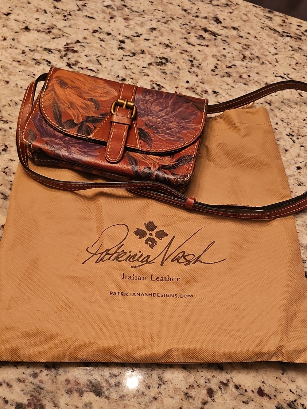 Patricia Nash Floral Embossed Brown Leather Crossbody with Gold Buckle